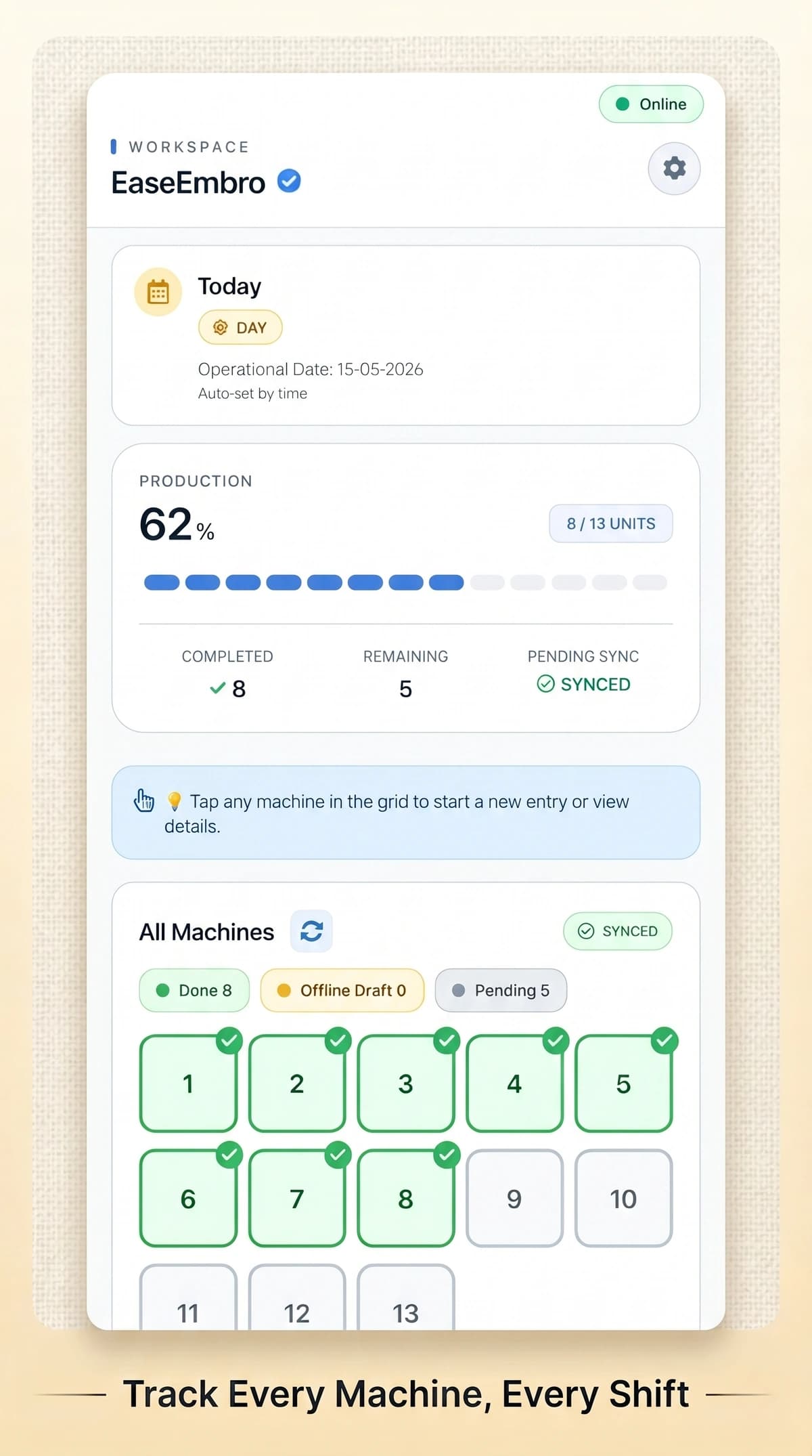 EaseEmbro mobile app workspace dashboard showing daily production percentage and the machine grid