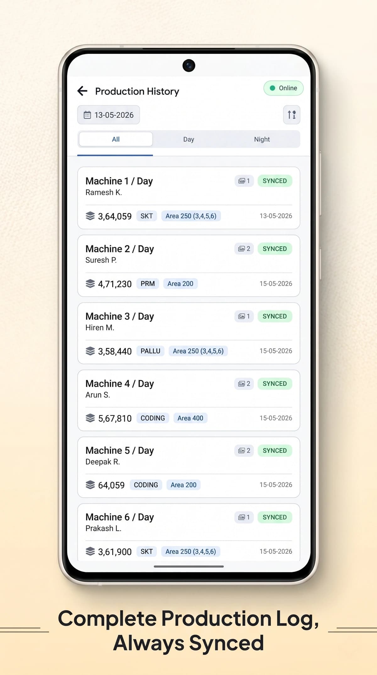EaseEmbro mobile app production history list showing multiple machines, operators and synced entries