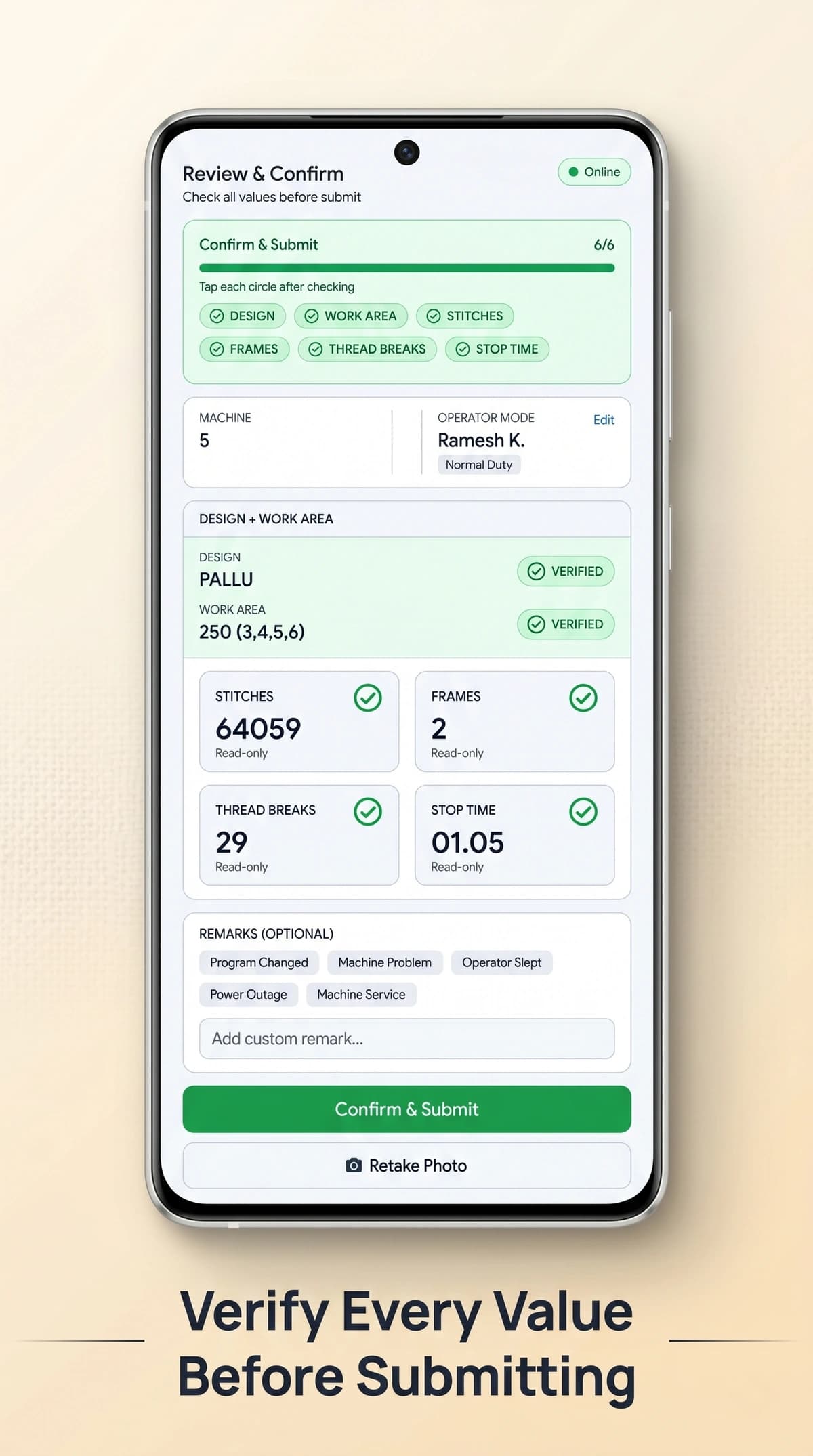 EaseEmbro mobile app review and confirm screen showing stitches, frames, thread breaks and stop time before submission
