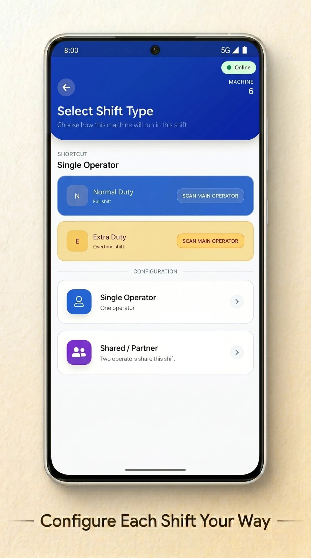 EaseEmbro mobile app shift type selection screen with normal duty and extra duty options