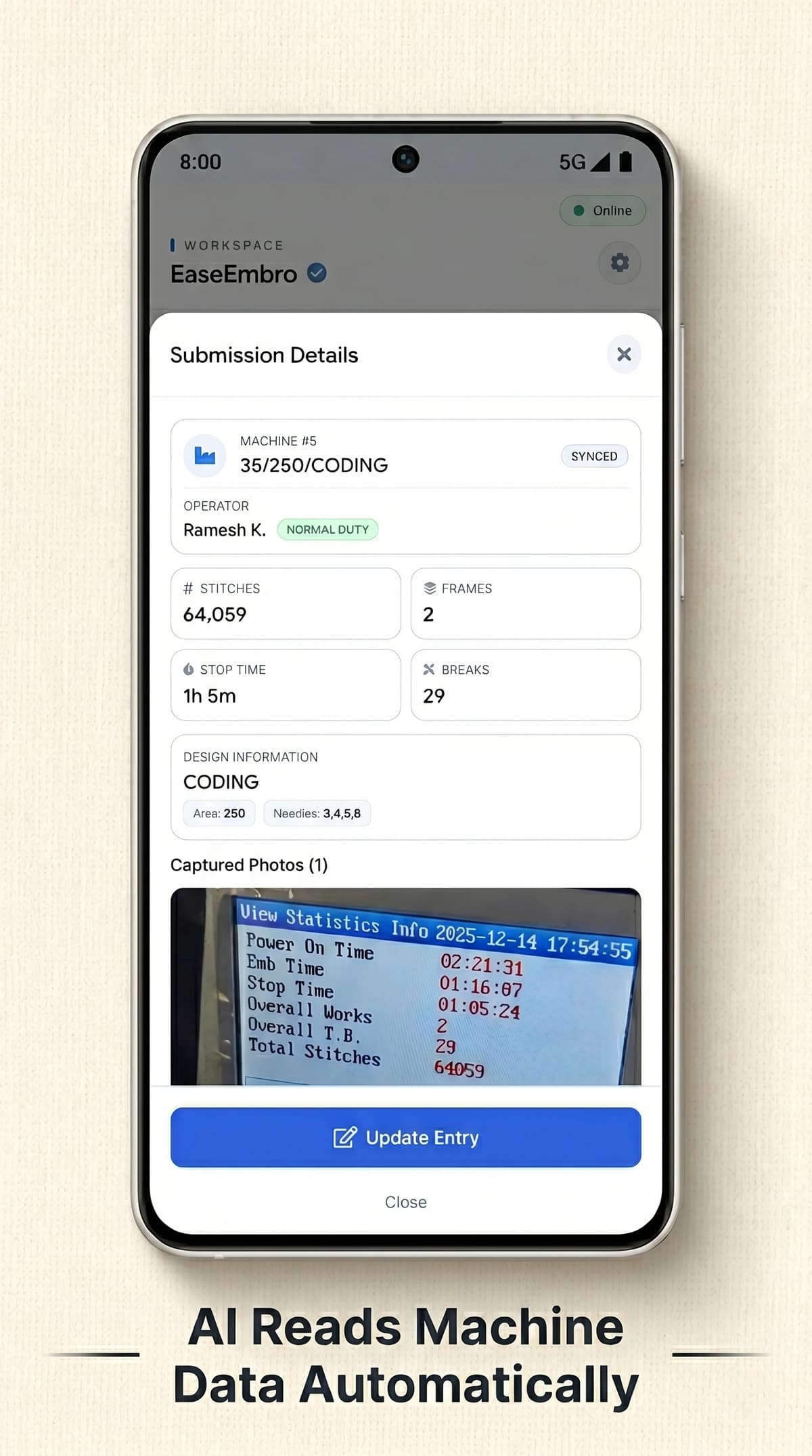 EaseEmbro mobile app submission details modal showing a synced production entry with a captured machine-display photo